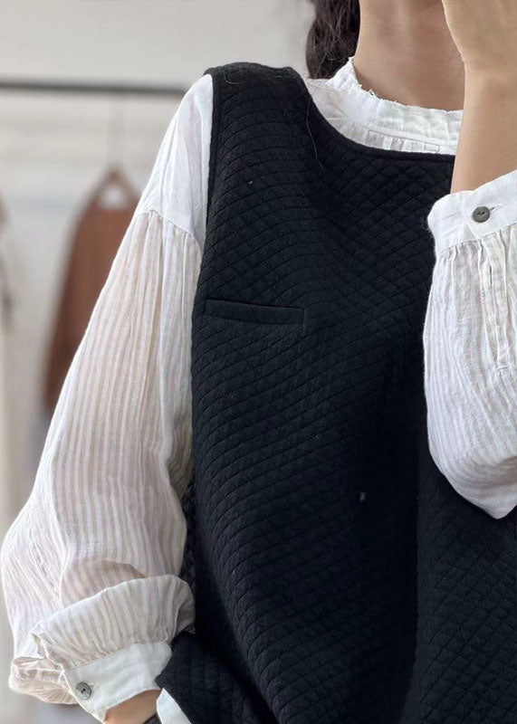 Italian Black O-neck Plaid Cotton Vest Sleeveless