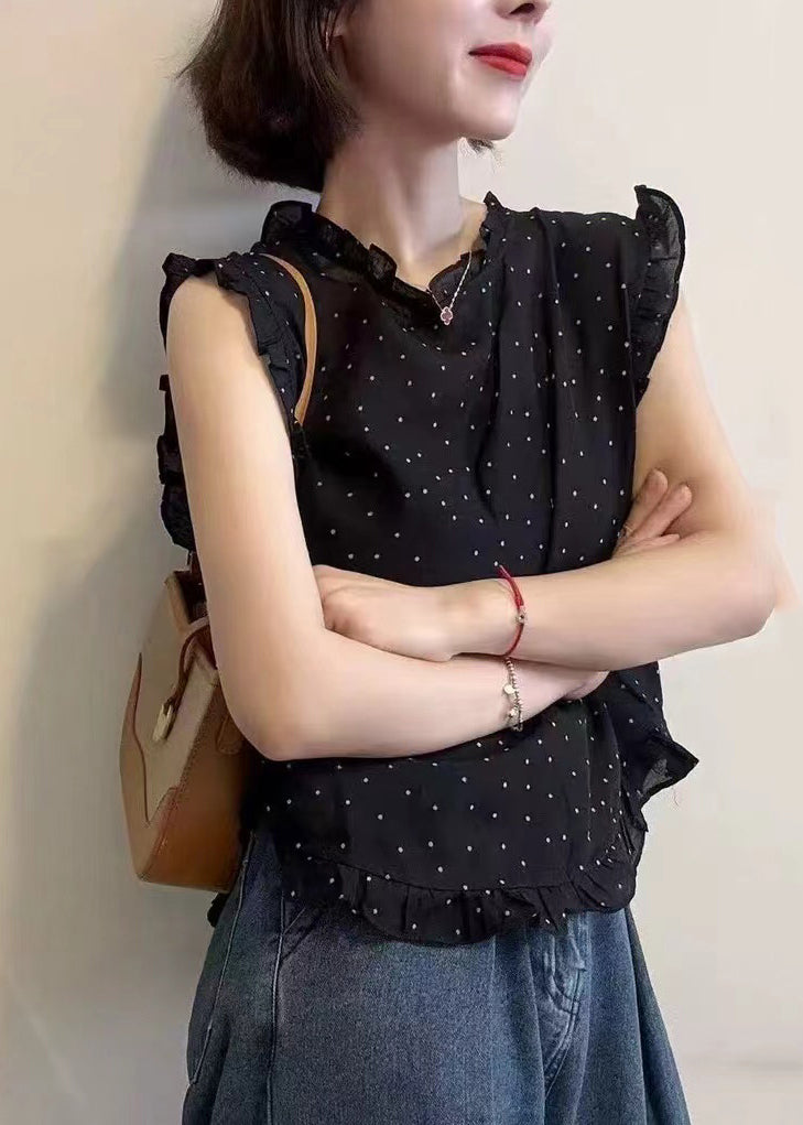 Black Dot Print Ruffled Chiffon Vests Sleeveless