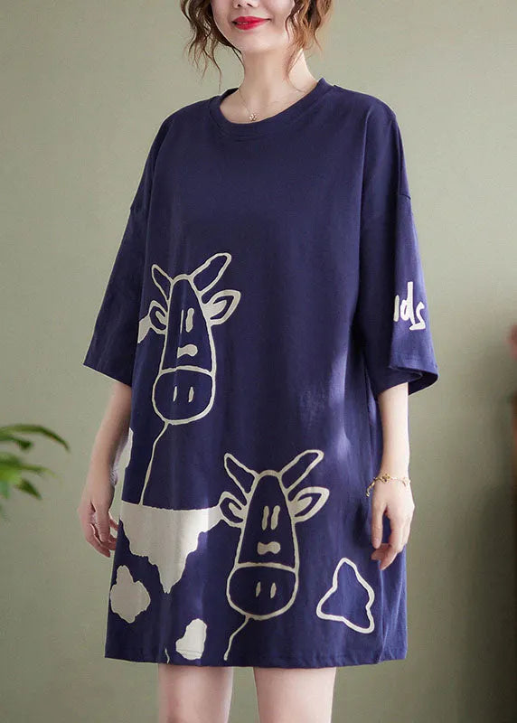 Blue O-neck Cow Print Cotton Vacation Dresses Short Sleeve