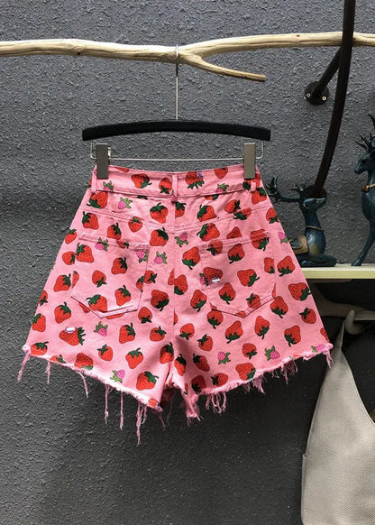 Pink Strawberry Print Pockets Denim Shorts Summer