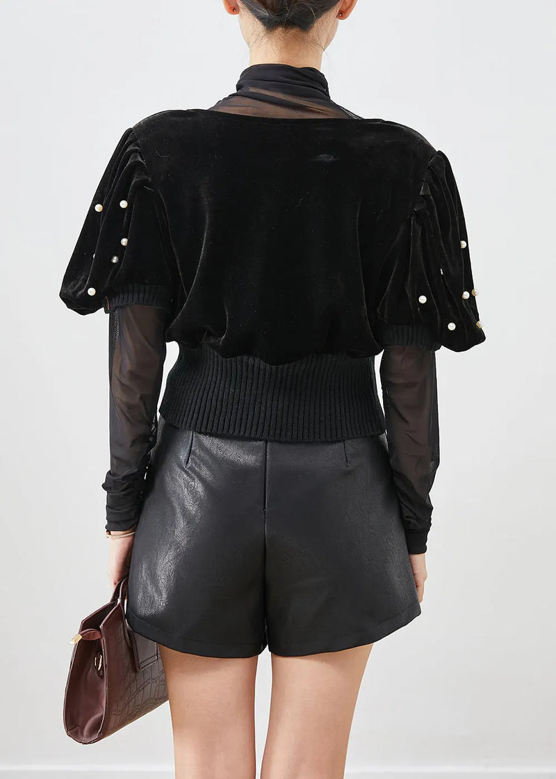 Black Nail Bead Silk Velour Vest and Shirt Two Piece Suit Set Fall
