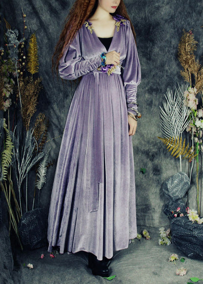 Purple V Neck Applique Tie Waist Silk Velour Maxi Dresses Spring