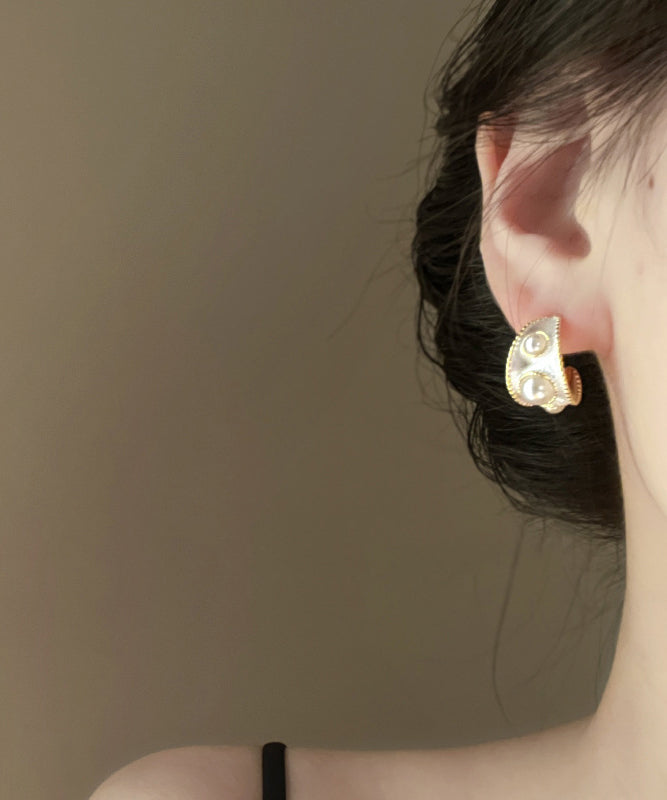 White Sterling Silver Overgild Pearl C Shaped Hoop Earrings