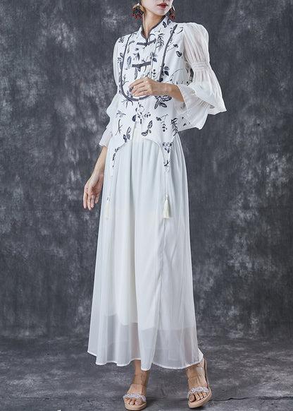 Silm Fit White Tasseled Print Chiffon Sets 2 Pieces Spring