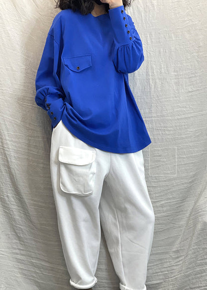 Blue O-neck Button Cotton Loose Sweatshirt Long Sleeve