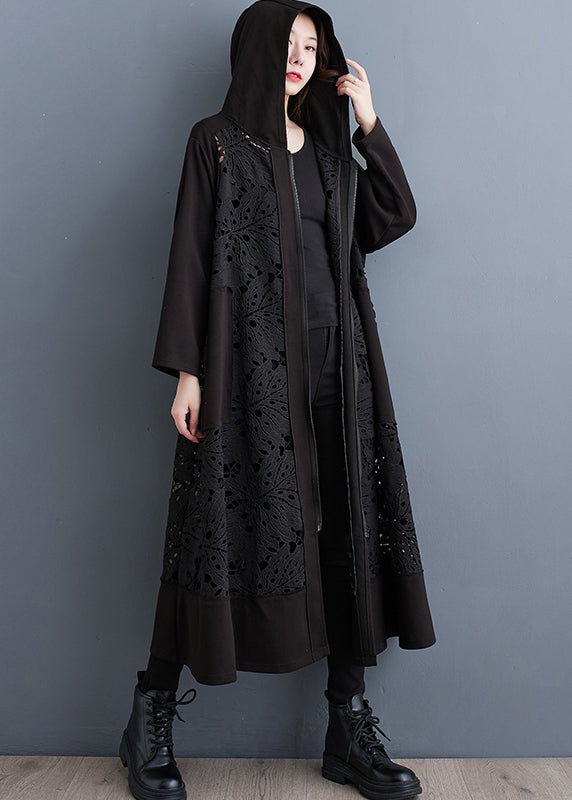 Black Oversized Patchwork Hollow Out Cotton Coat Spring