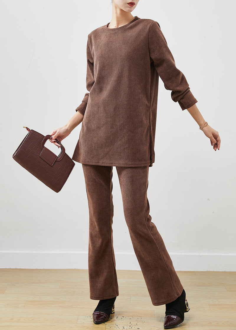 Brown Side Open Corduroy Two Piece Set Spring