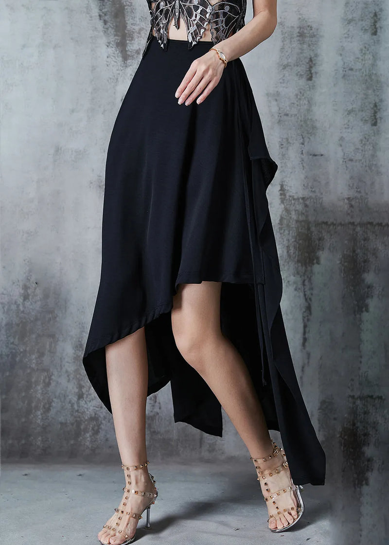 Black Asymmetrical Silm Fit Chiffon Skirt Summer