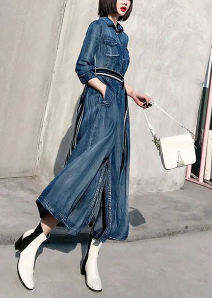 Denim Blue Peter Pan Collar Patchwork Striped Cotton Holiday Dress Bracelet Sleeve