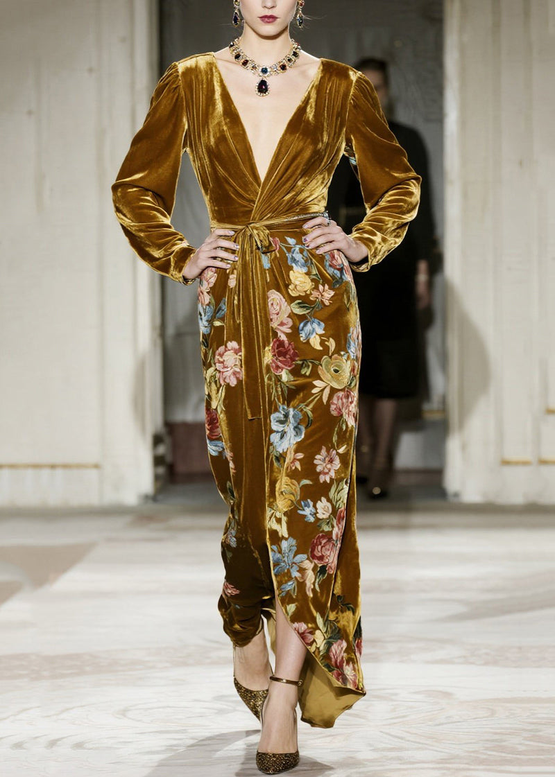 Yellow V Neck Print Velvet Maxi Dresses Fall