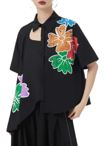 Black Asymmetrical Print Patchwork Cotton Shirts Short Sleeve