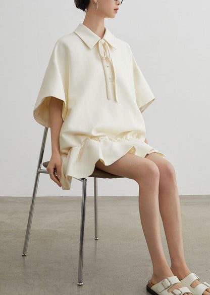 Beige Peter Pan Collar Wrinkled Patchwork Cotton Dress Summer