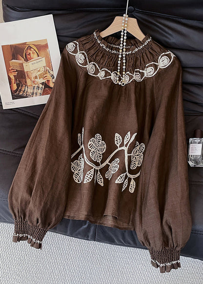 Coffee Embroidered Wrinkled Cotton Blouses Fall