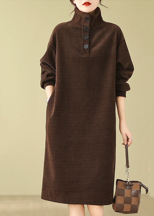 Boutique Coffee Hign Neck Button Corduroy Dress Fall