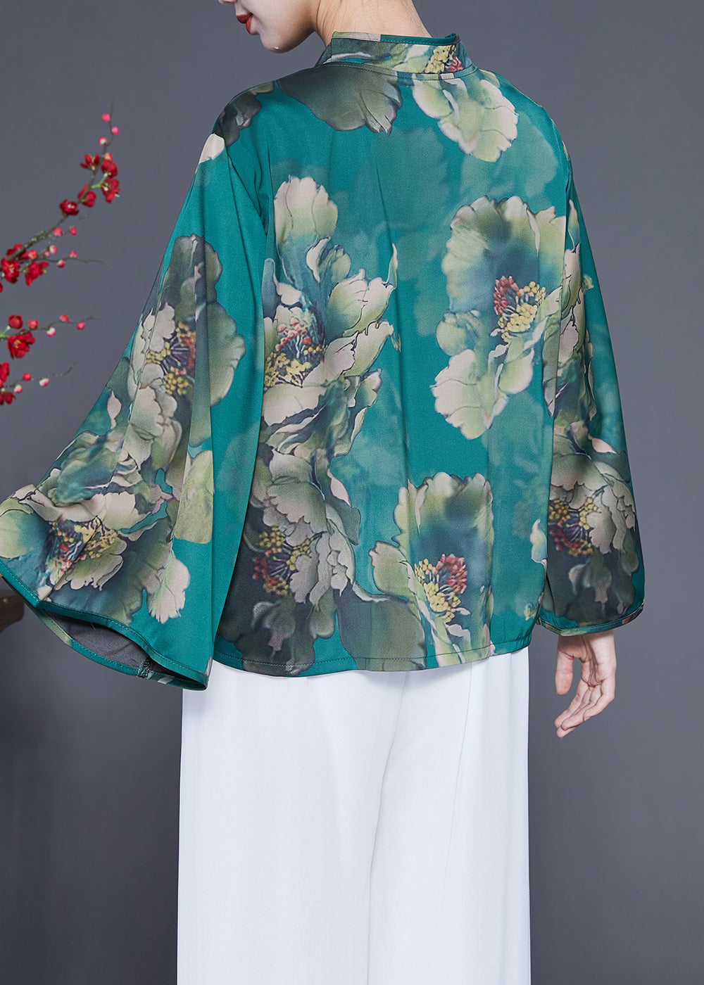 Peacock Green Mandarin Collar Print Silk Top Flare Sleeve