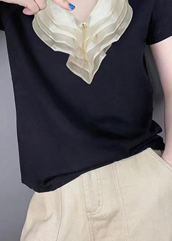 Style Black V Neck Ruffled Patchwork Silk Blouse Tops Summer