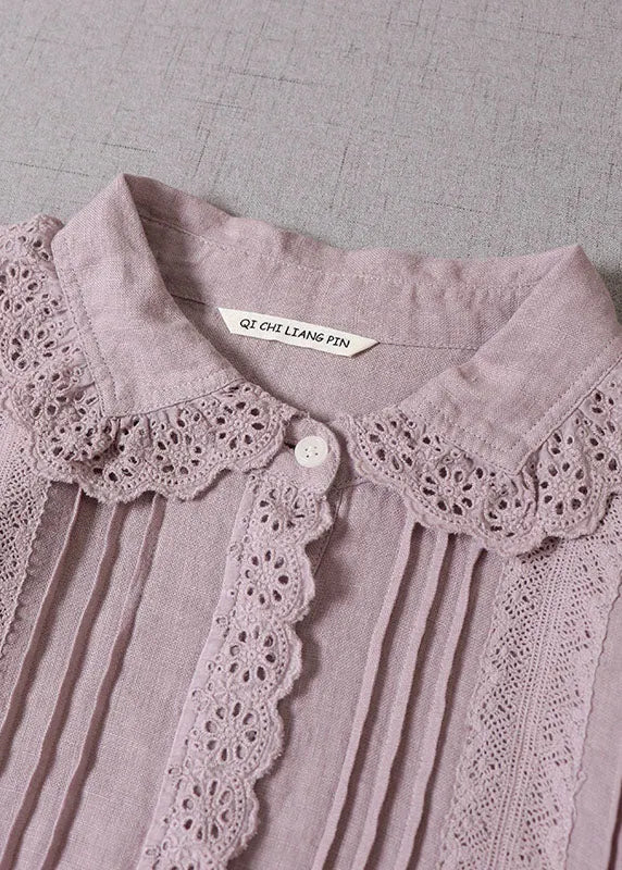 Handmade Purple Peter Pan Collar Wrinkled Linen Maxi Dresses Spring