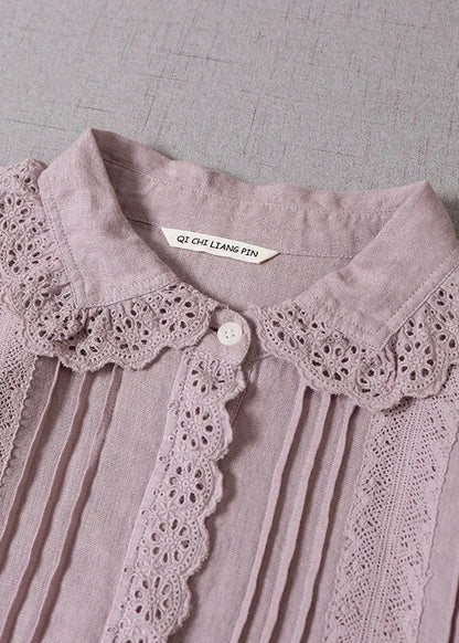 Handmade Purple Peter Pan Collar Wrinkled Linen Maxi Dresses Spring