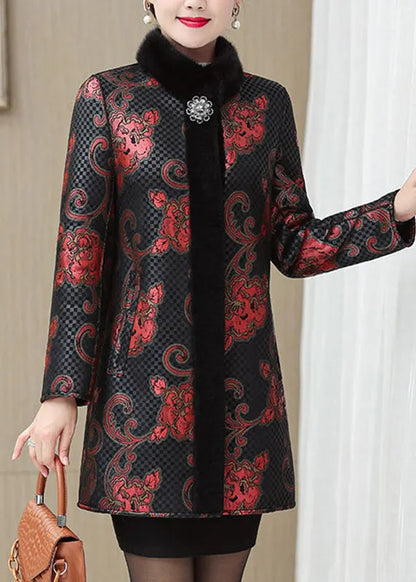 Classy Gold Fur Collar Print Warm Leather and Fur Coats Spring