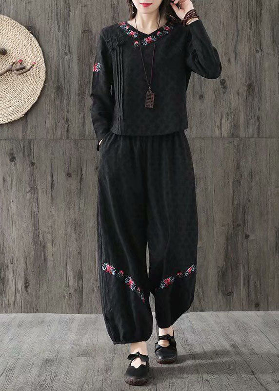 Black Jacquard Cotton Two Piece Set Clothing Embroideried Oriental Button Spring
