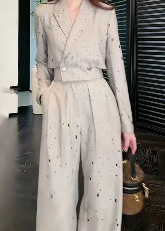 Stylish Grey Notched Print Top and Wide Leg Pants Two Pieces Set Spring