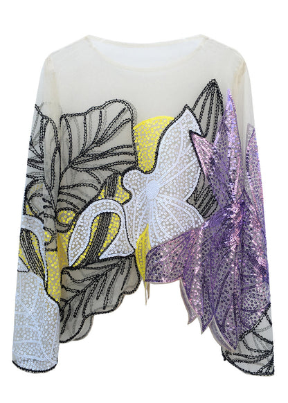 Green O-neck Print Sequins Thin Top Fall