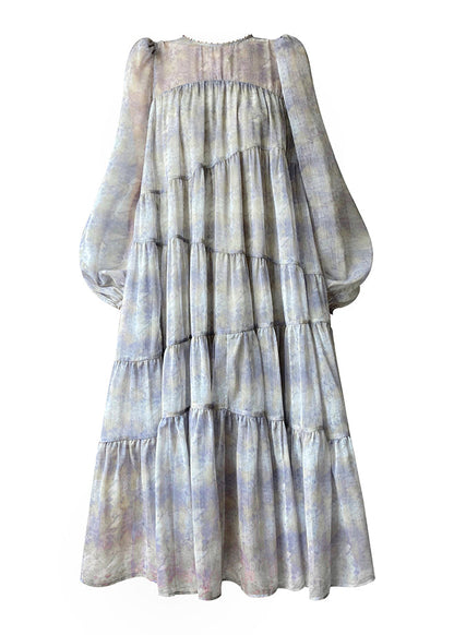 O-neck Print Button Wrinkled Chiffon Maxi Dresses Long Sleeve