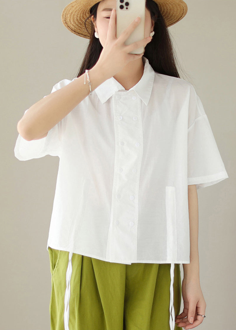 White Double Breast Drawstring Cotton Shirt Tops Summer