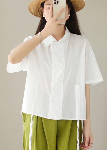 White Double Breast Drawstring Cotton Shirt Tops Summer