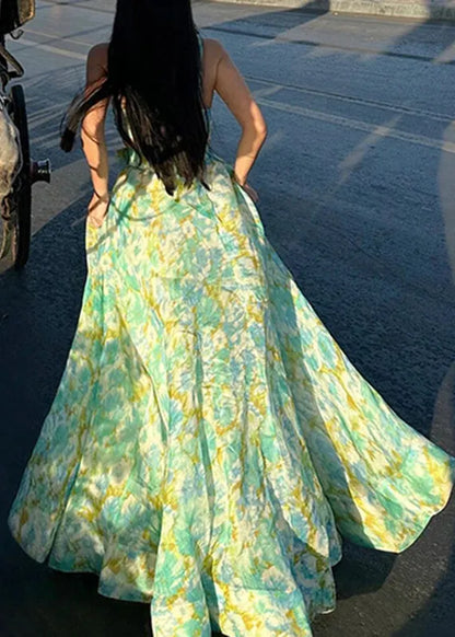 Green Bow Print Top and a Line Skirts Two Pieces Set Summer