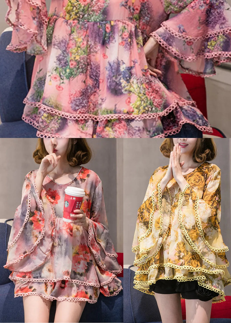 Orange Print Patchwork Chiffon Shirt Long Sleeve
