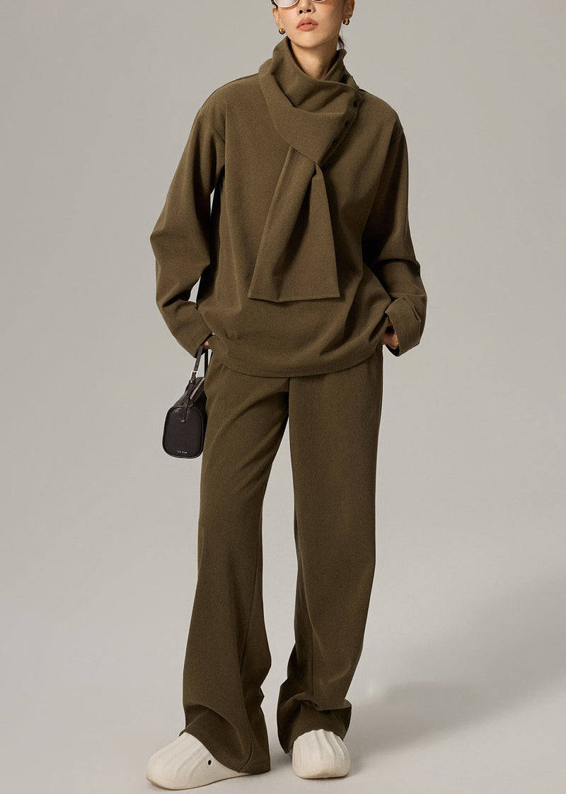 Green V Neck Elastic Waist Cotton Three Pieces Set Fall
