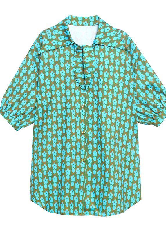 Green Print Button Short Sleeve Cotton Top