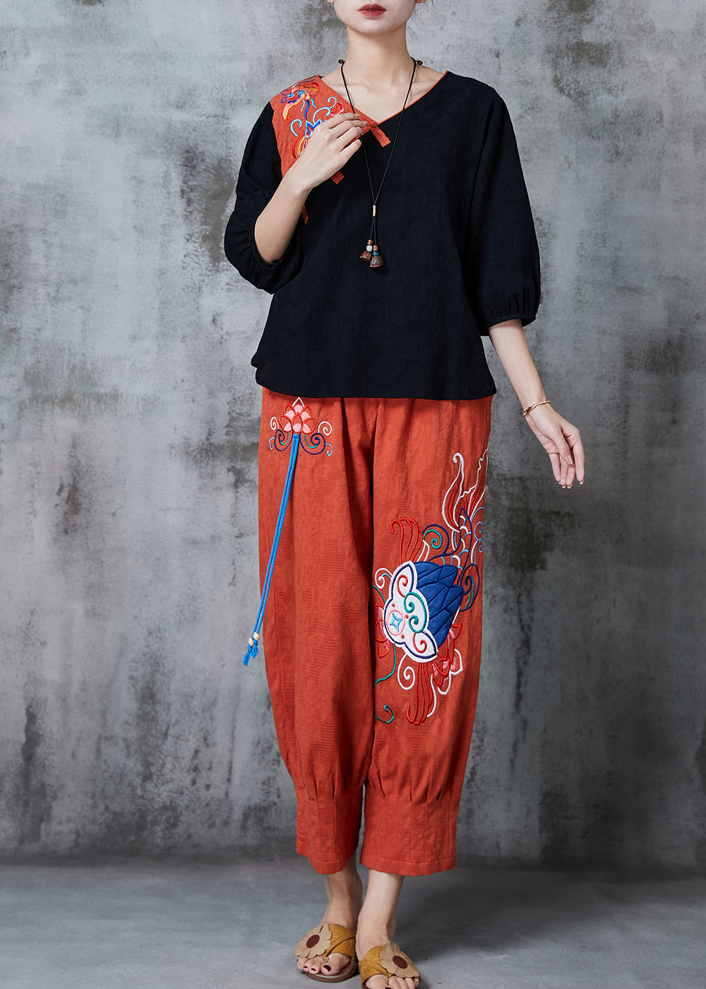 Black Embroidered Patchwork Linen Two Pieces Set Summer
