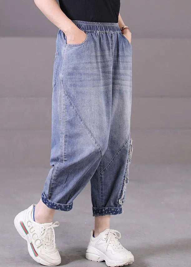Blue Elastic Waist Pockets Patchwork Applique Cotton Denim Harem Pants Summer