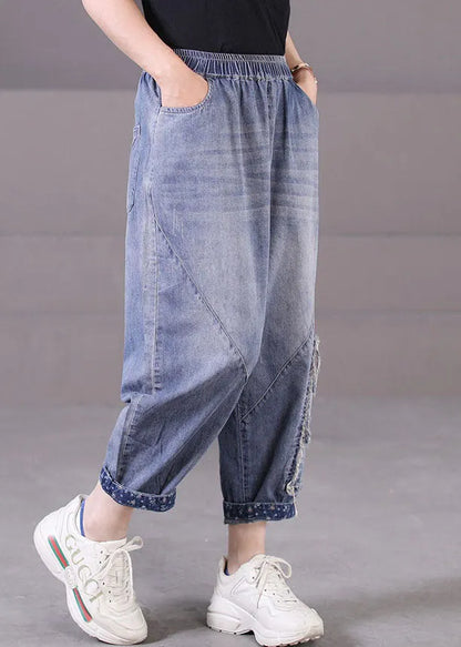 Blue Elastic Waist Pockets Patchwork Applique Cotton Denim Harem Pants Summer