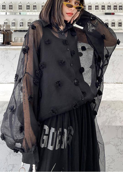 Black Simple Button Cinched Two Piece Set Clothing Chiffon Top