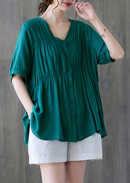 Green V Neck Buttton Wrinkled Cotton Shirt Tops Short Sleeve