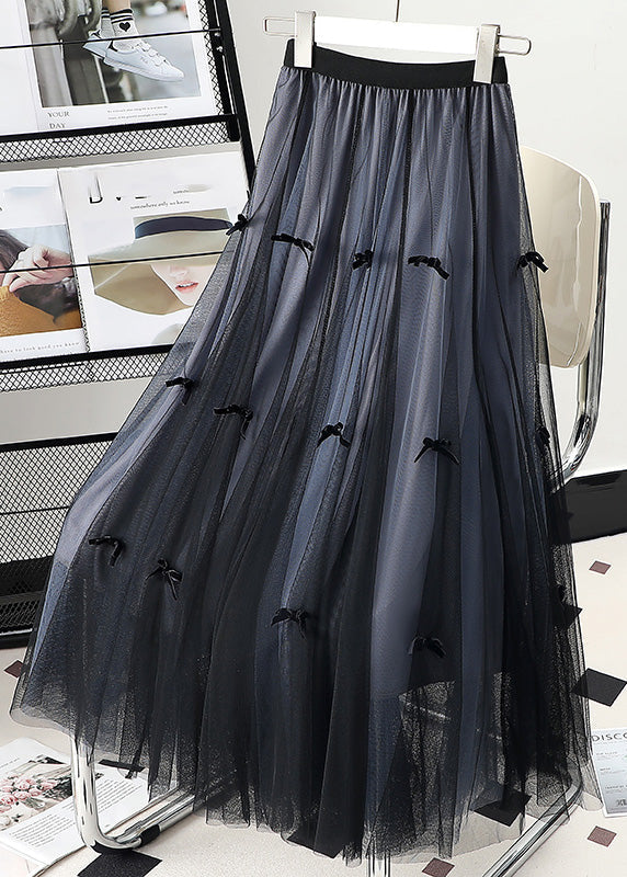 Apricot Elastic Waist Bow Tulle a Line Skirts Spring