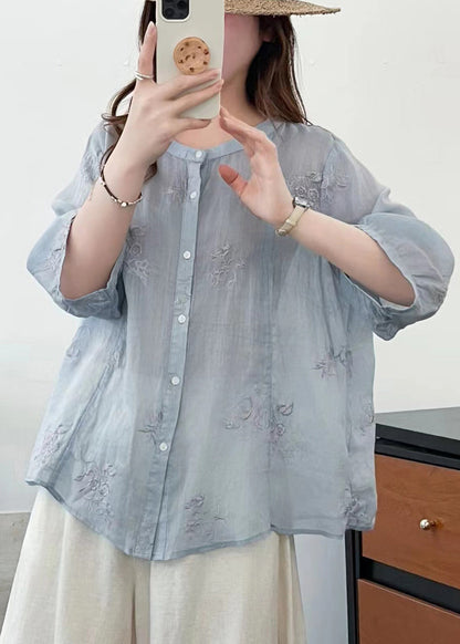 Blue O-neck Embroidered Linen Shirts Summer