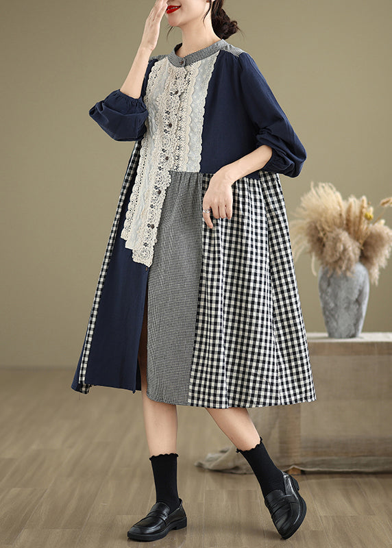 Original O-neck Lace Patchwork Plaid Long Dresses Spring