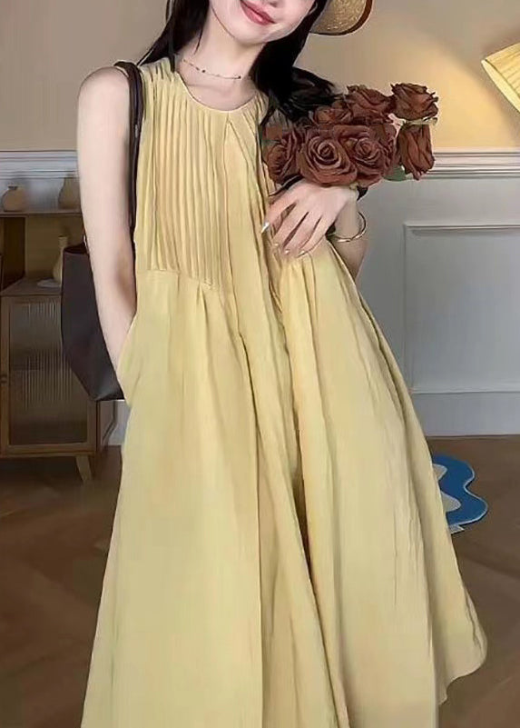 Yellow O Neck Pockets Cotton Long Dress Sleeveless
