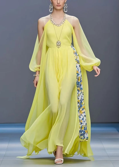 Yellow Cold Shoulder Patchwork Chiffon Long Dress Summer