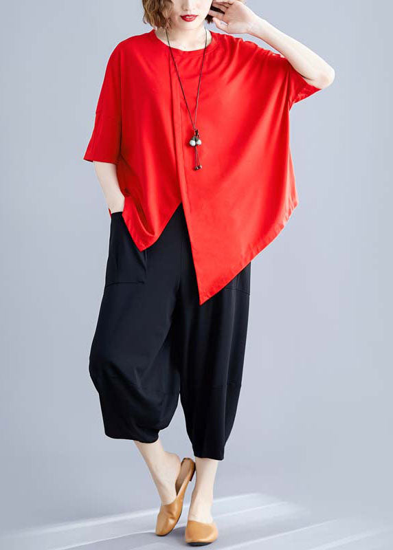Red O-neck Asymmetrical Patchwork Cotton Two Piece Set Summer