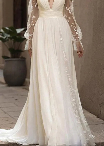 French White V Neck Backless Chiffon Robe Dresses Summer