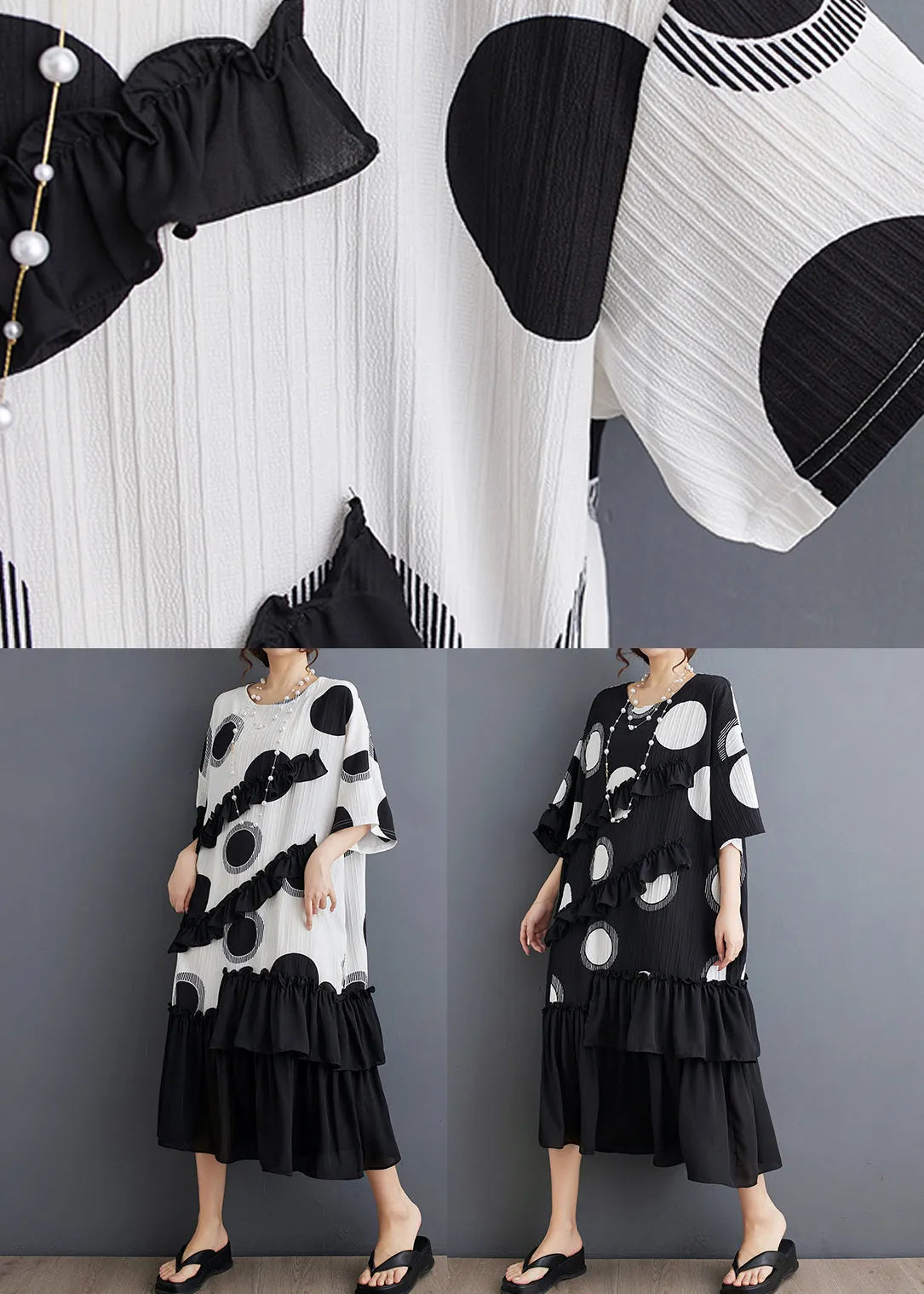 Black O Neck Ruffled Patchwork Chiffon Dress Summer