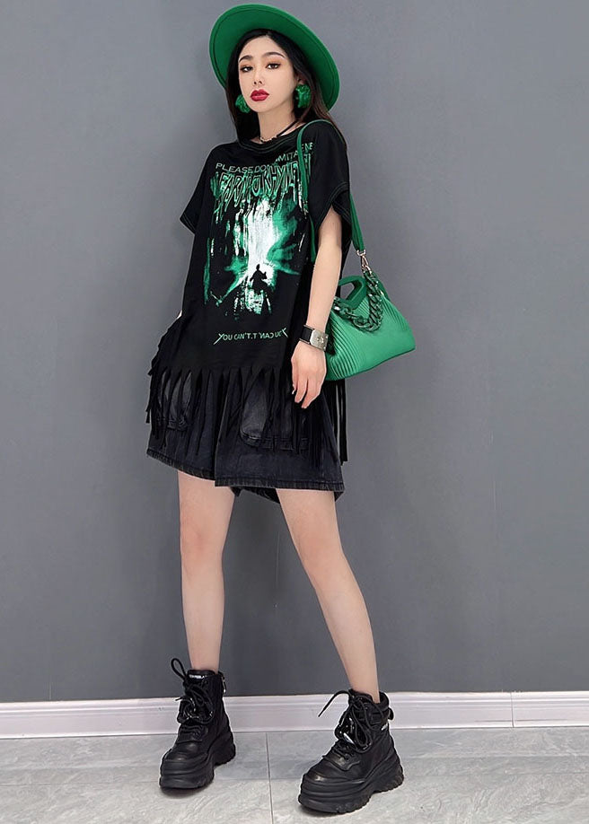 French Black O-neck Tassel Print Cotton Tank Tops Short Sleeve