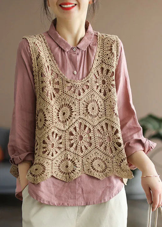 Beige Hollow Out Knit Vest Sleeveless