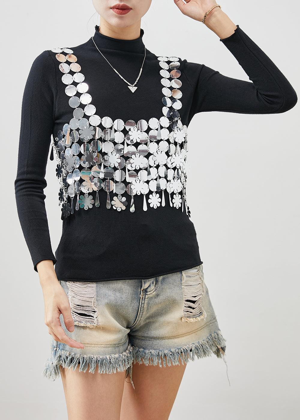 Black Sequins Vest and Shirts Cotton Two Piece Set Clothing Spring