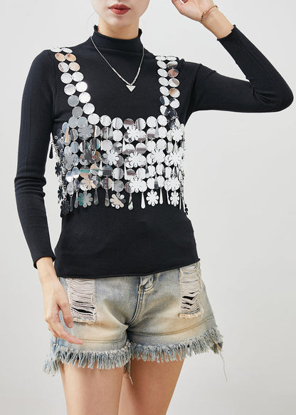 Black Sequins Vest and Shirts Cotton Two Piece Set Clothing Spring